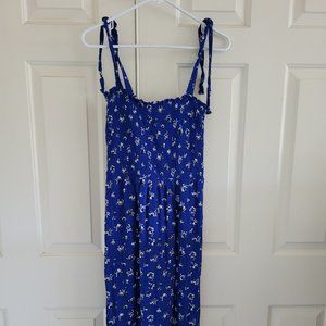 Blue Midi Smocked Sundress with Tie Sleeves